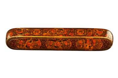Lot 223 - A LACQUERED PAPIER-MÂCHÉ PEN CASE (QALAMDAN) WITH THE KINGS OF IRAN