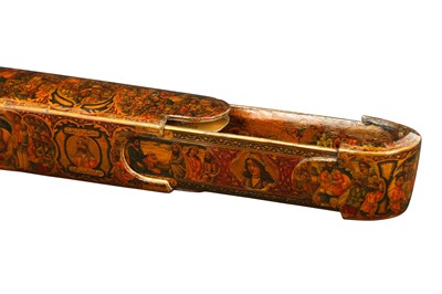 Lot 223 - A LACQUERED PAPIER-MÂCHÉ PEN CASE (QALAMDAN) WITH THE KINGS OF IRAN