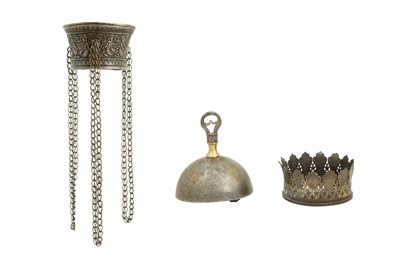 Lot 146 - A QAJAR GOLD-DAMASCENED STEEL BELL AND TWO QALYAN (WATER PIPE) CUP METAL FITTINGS