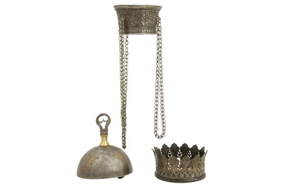 Lot 146 - A QAJAR GOLD-DAMASCENED STEEL BELL AND TWO QALYAN (WATER PIPE) CUP METAL FITTINGS