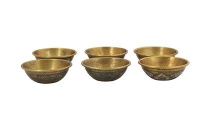 Lot 122 - SIX SMALL MAMLUK-REVIVAL COPPER AND SILVER-INLAID CAIROWARE BRASS BOWLS
