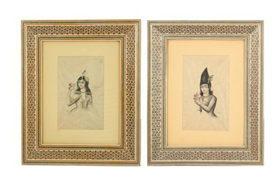 Lot 141 - TWO TINTED PORTRAIT SKETCHES OF A QAJAR YOUTH AND A QAJAR LADY