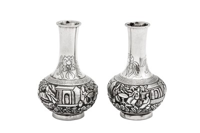 Lot 242 - A pair of late 19th / early 20th century Chinese Export silver miniature vases, Canton circa 1900, retailed by Wang Hing