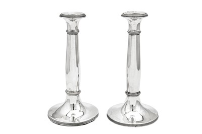 Lot 453 - A pair of early 19th century Austrian 13 loth (812 standard) silver candlesticks, Vienna circa 1826 or 28 by Stefan Mayerhofer (1772-1852)