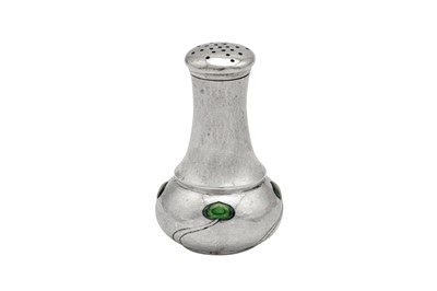 Lot 501 - An Edwardian ‘Arts and Crafts’ sterling silver and enamel pepper pot, London 1902 by William Hutton and Sons
