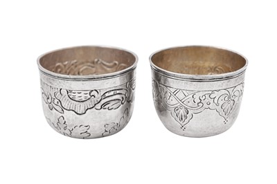 Lot 388 - Two similar Catherine II mid-18th century Russian 84 zolotnik silver vodka cups (charka), Moscow circa 1760