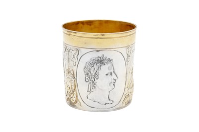Lot 449 - A late 17th century German parcel gilt silver beaker, Augsburg circa 1680, makers mark obscured possibly for Hans Philipp Sigmund (active 1659-88)
