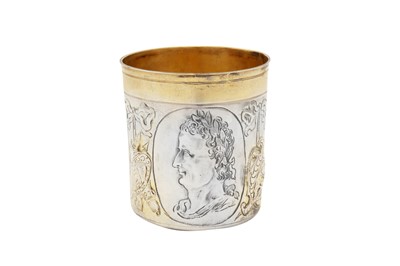 Lot 449 - A late 17th century German parcel gilt silver beaker, Augsburg circa 1680, makers mark obscured possibly for Hans Philipp Sigmund (active 1659-88)