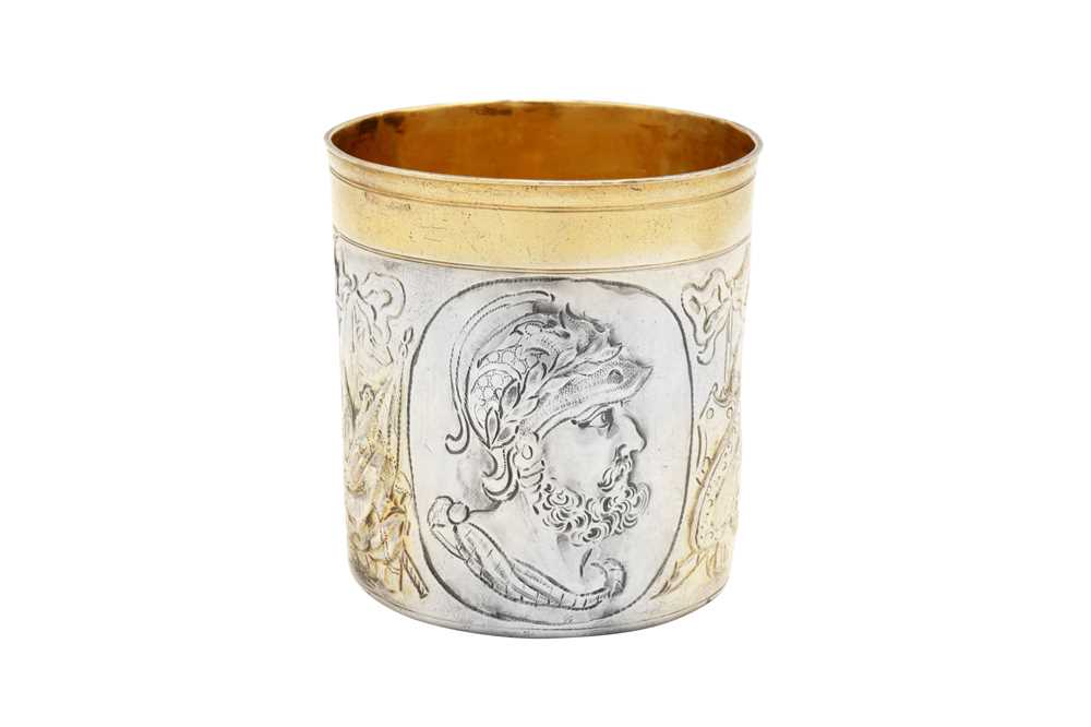 Lot 449 - A late 17th century German parcel gilt silver beaker, Augsburg circa 1680, makers mark obscured possibly for Hans Philipp Sigmund (active 1659-88)