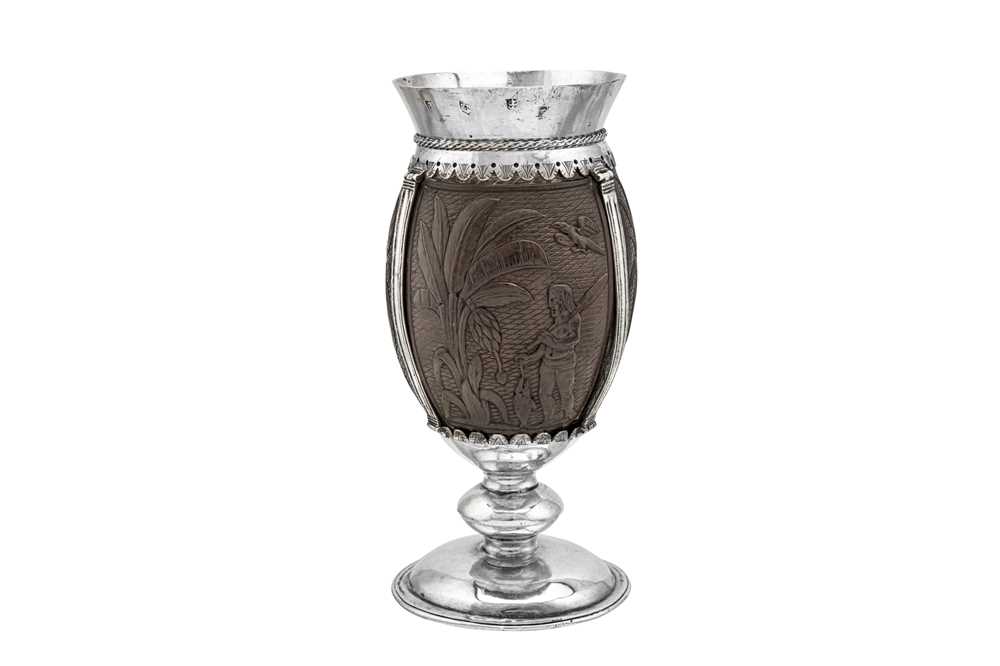 Lot 707 - An extremely rare Charles II late 17th century provincial silver mounted coconut cup, Hull circa 1670 by Edward Mangie or Mangy (1634 – 1685)