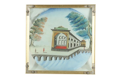Lot 197 - TWO ARCHITECTURAL REVERSE GLASS PAINTINGS OF QAJAR PAVILIONS
