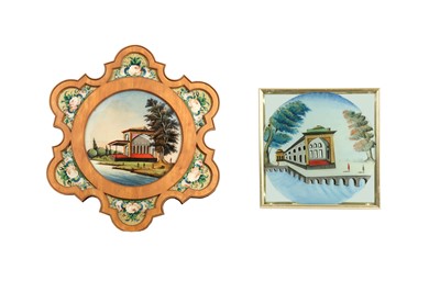 Lot 1079 - TWO ARCHITECTURAL REVERSE GLASS PAINTINGS OF QAJAR PAVILIONS
