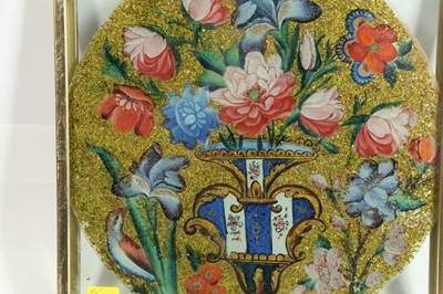 Lot 200 - TWO QAJAR REVERSE GLASS PAINTINGS WITH FLORAL TRIUMPHS