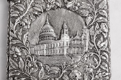 Lot 51 - A cased Victorian sterling silver 'castle top' card case, Birmingham 1842 by Joseph Willmore