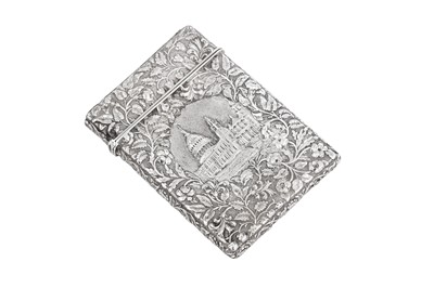 Lot 51 - A cased Victorian sterling silver 'castle top' card case, Birmingham 1842 by Joseph Willmore