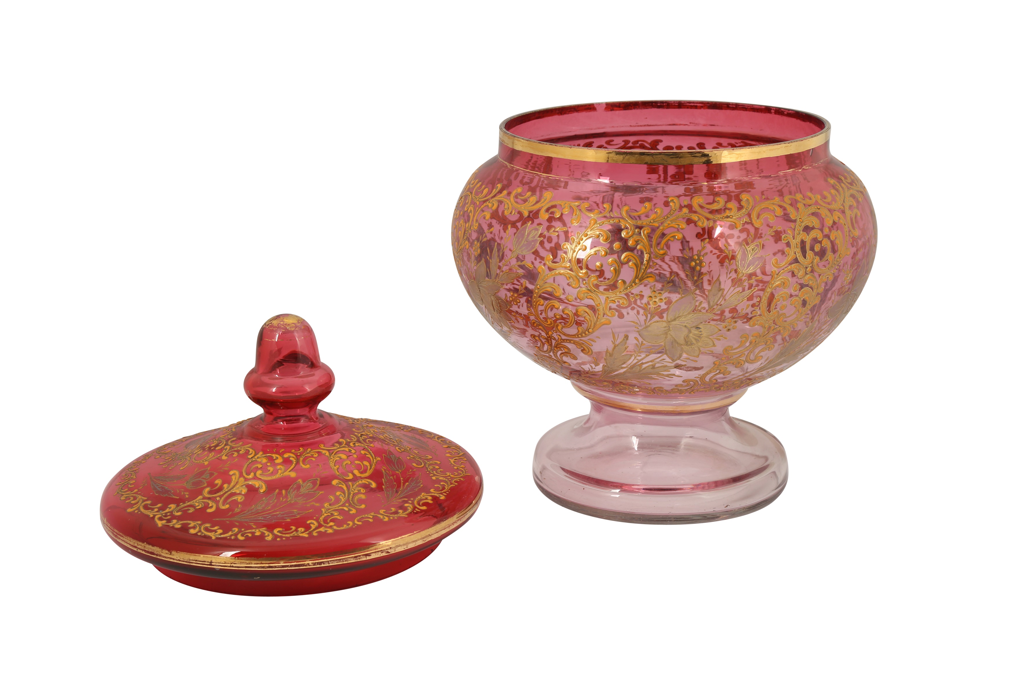 Lot 128 - A LARGE GILT AND ENAMELLED PINK GLASS LIDDED