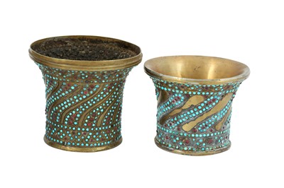 Lot 147 - FOUR GLASS BEAD AND TURQUOISE-SET BRASS QALYAN CUPS