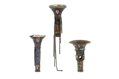 Lot 210 - THREE SECTIONS OF POLYCHROME-PAINTED ENAMELLED WATER PIPES (QALYAN)