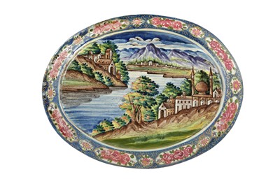 Lot 201 - A POLYCHROME-PAINTED ENAMELLED COPPER OVAL DISH WITH YUSUF AN ZULEYKHA