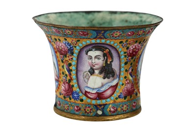 Lot 215 - TWO QAJAR POLYCHROME-PAINTED ENAMELLED COPPER QALYAN CUPS