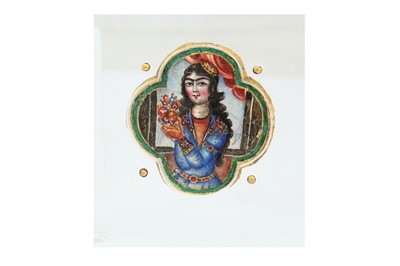 Lot 213 - A QAJAR POLYCHROME-PAINTED ENAMELLED GOLD PLAQUE WITH A COURTLY MAIDEN