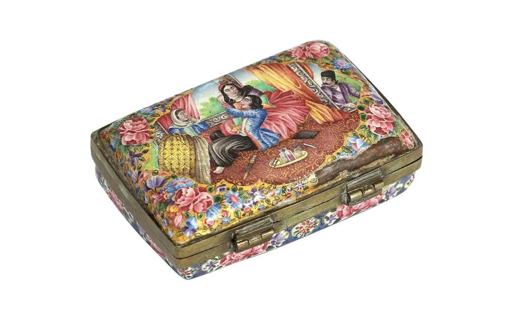 Lot 219 - A QAJAR POLYCHROME-PAINTED ENAMELLED COPPER BOX: THE LOVERS OBSERVED