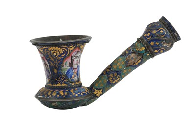Lot 204 - TWO QAJAR POLYCHROME-PAINTED ENAMELLED AND GILT PIPES