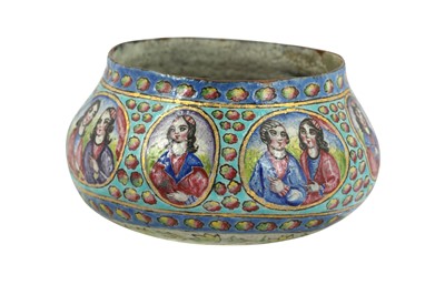 Lot 205 - A SMALL QAJAR POLYCHROME-PAINTED ENAMELLED COPPER BOWL