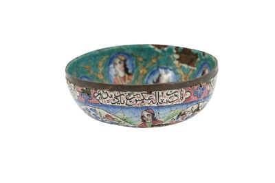 Lot 202 - A SMALL QAJAR POLYCHROME-PAINTED ENAMELLED COPPER BOWL