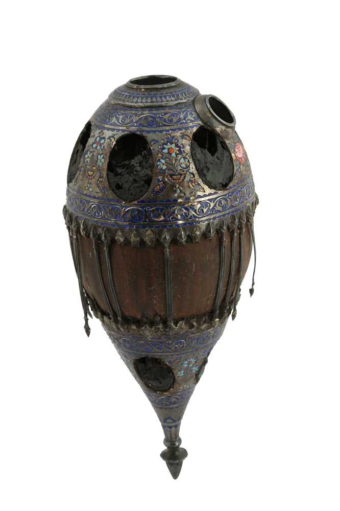 Lot 222 - A QAJAR COCO DE MER AND ENAMELLED SILVER WATER PIPE (QALYAN)
