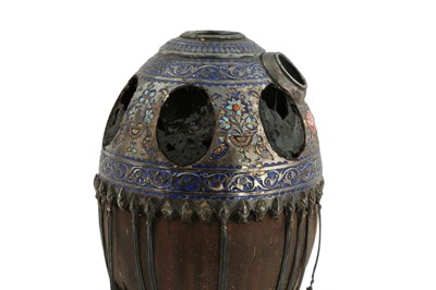 Lot 1068 - A QAJAR COCO DE MER AND ENAMELLED SILVER WATER PIPE (QALYAN)