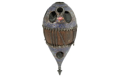 Lot 1068 - A QAJAR COCO DE MER AND ENAMELLED SILVER WATER PIPE (QALYAN)