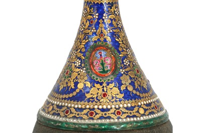 Lot 203 - A QAJAR GILT AND ENAMELLED SILVER AND LEATHER QALYAN BOTTLE