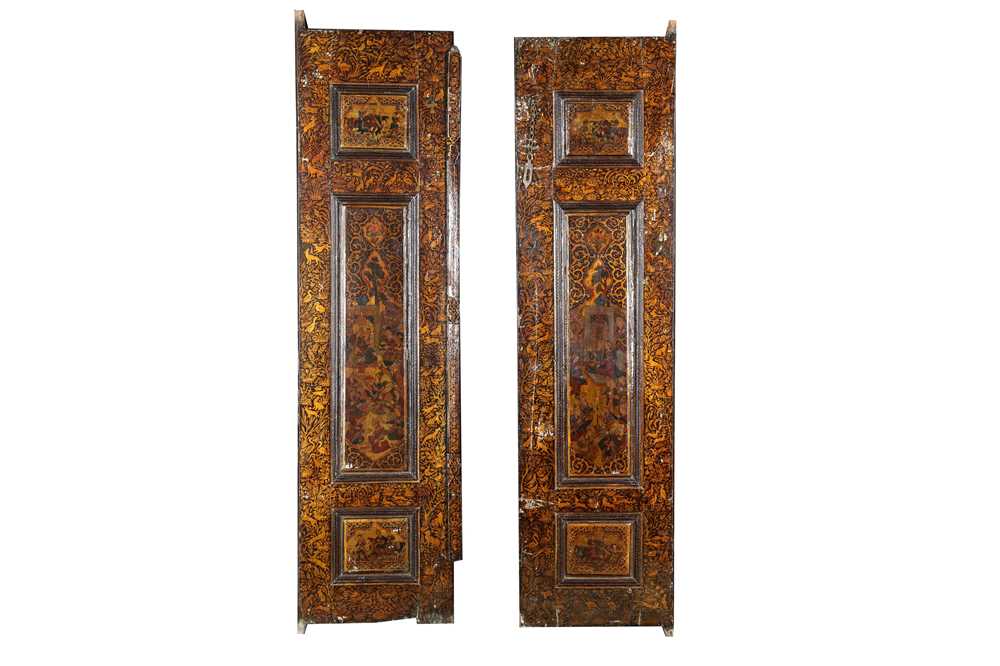 Lot 100 - A SET OF SAFAVID-REVIVAL LACQUERED, GILT AND POLYCHROME-PAINTED WOODEN DOORS
