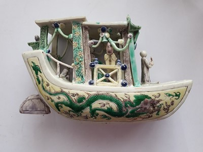 Lot 112 - A RARE CHINESE FAMILLE VERTE BISCUIT MODEL OF A PLEASURE BOAT.