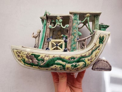 Lot 112 - A RARE CHINESE FAMILLE VERTE BISCUIT MODEL OF A PLEASURE BOAT.