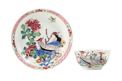 Lot 593 - A CHINESE FAMILLE ROSE 'PHEASANTS' TEA BOWL AND SAUCER.