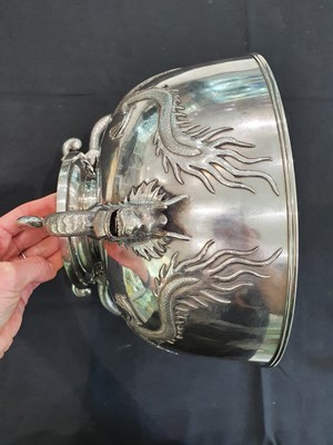 Lot 229 - A VERY LARGE CHINESE SILVER 'DRAGON' BOWL.