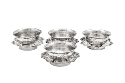 Lot 239 - A set of four early 20th century Chinese Export silver tea bowls and saucers, Tianjin circa 1920 by Qingyun