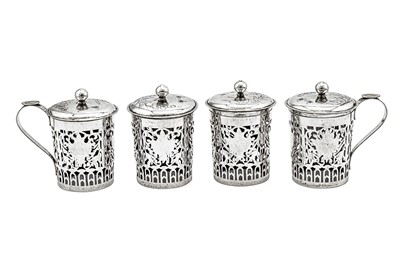 Lot 238 - A set of four early 20th century Chinese Export silver tea glass holders and covers, Tianjin circa 1920 by Qingyun