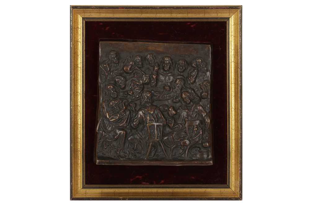 Lot 56 - A SQUARE BRONZE PLAQUE OF THE LAST SUPPER, IN THE MANNER OF TENIERS, LATE 19TH /EARLY 20TH CENTURY
