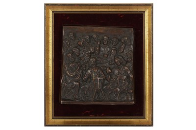 Lot 56 - A SQUARE BRONZE PLAQUE OF THE LAST SUPPER, IN THE MANNER OF TENIERS, LATE 19TH /EARLY 20TH CENTURY