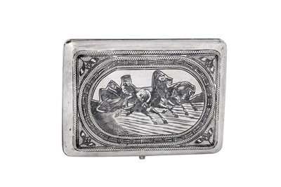 Lot 378 - A Nicholas II early 20th century Russian 84 zolotnik and niello silver cigar or cigarette case, Moscow 1908-26 by HБ in a triangle