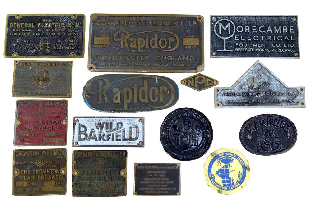 Lot 378 - A Collection of Vintage Machine Name Plates.