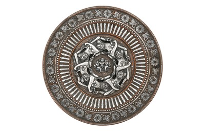 Lot 464 - A SILVER-OVERLAID TANJORE COPPER DISH WITH DANCERS