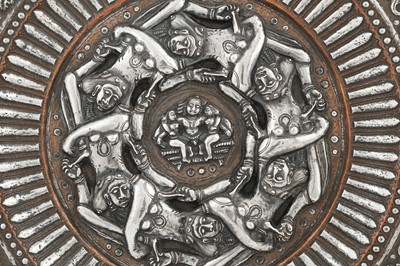 Lot 464 - A SILVER-OVERLAID TANJORE COPPER DISH WITH DANCERS