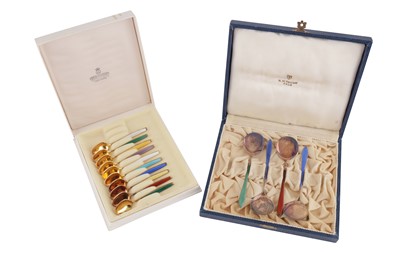 Lot 309 - A CASED SET OF TEN MID-20TH CENTURY NORWEGIAN STERLING SILVER GILT AND GUILLOCHE ENAMEL COFFEE SPOONS, OSLO CIRCA 1960 BY DAVID ANDERSON