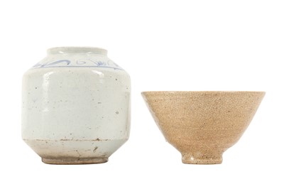 Lot 1055 - A CRACKLE-GLAZED CONICAL CUP TOGETHER WITH A KOREAN JAR.