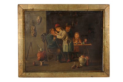 Lot 375 - A 19TH CENTURY PRIMITIVE OIL ON BOARD PAINTING OF A DENTIST'S SCENE