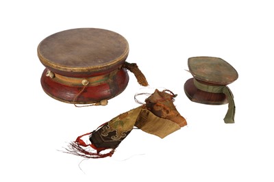 Lot 1106 - TWO TIBETAN DAMARU DRUMS.